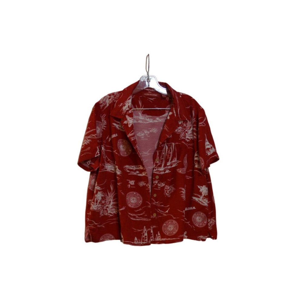 GLORIA VANDERBILT Kauai Type Red Button-Down Short Sleeves Shirt Women XL